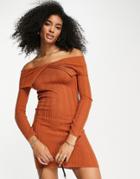 Asos Design Knit Mini Ribbed Dress With Off Shoulder Detail In Brown-neutral