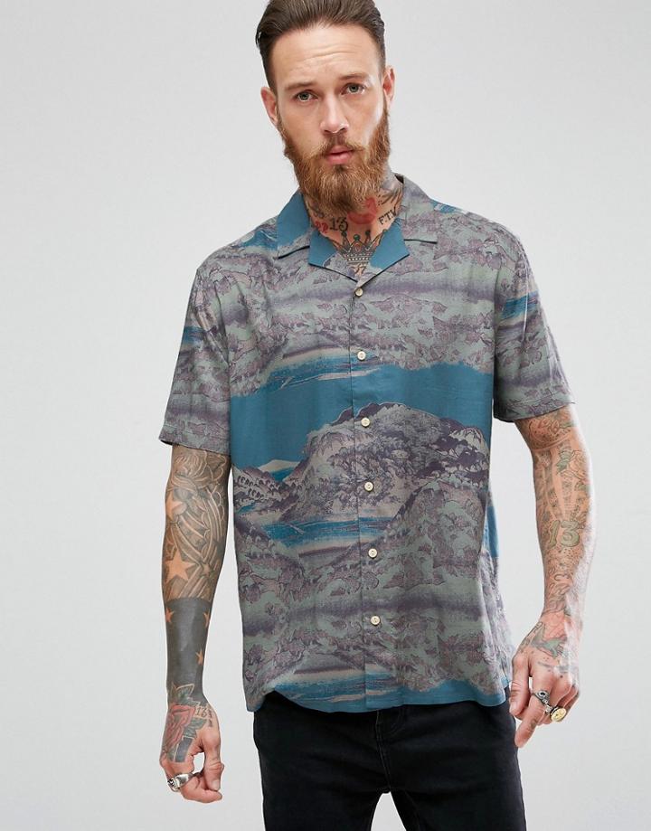 Asos Oversized Viscose Shirt With Scenic Print And Revere Collar - Green