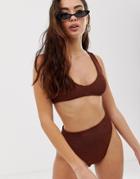 Asos Design Mix And Match Crinkle High Leg High Waist Bikini Bottom In Shiny Brown - Brown