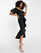 True Violet Frill Front Pencil Midi Dress In Black