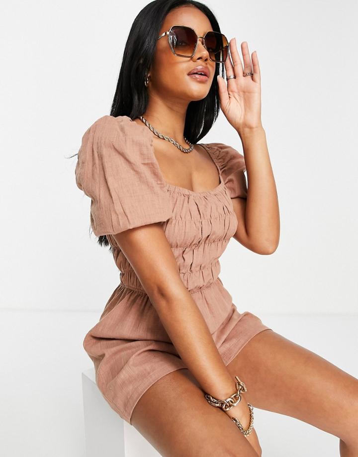Asos Design Shirred Puff Sleeve Romper In Brown