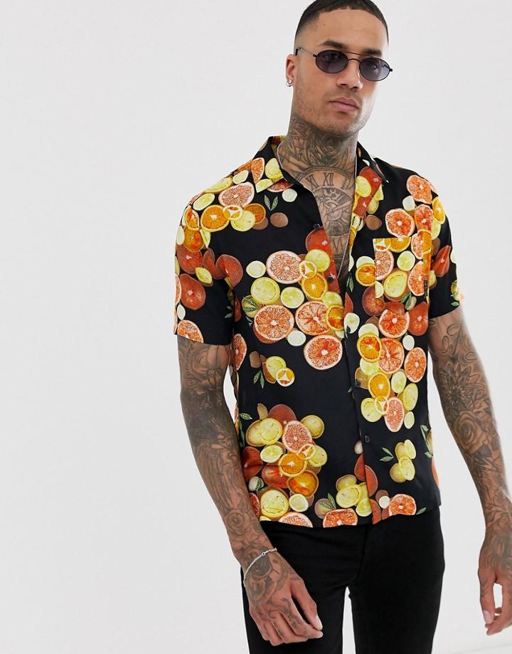 Religion Revere Collar Shirt With Orange Print In Black