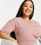 I Saw It First Plus V Neck Ribbed T-shirt In Rose-pink