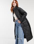 Bershka Longline Quilted Coat In Black
