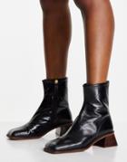 Asos Design Rebecca Premium Leather Square Toe Boots In Black