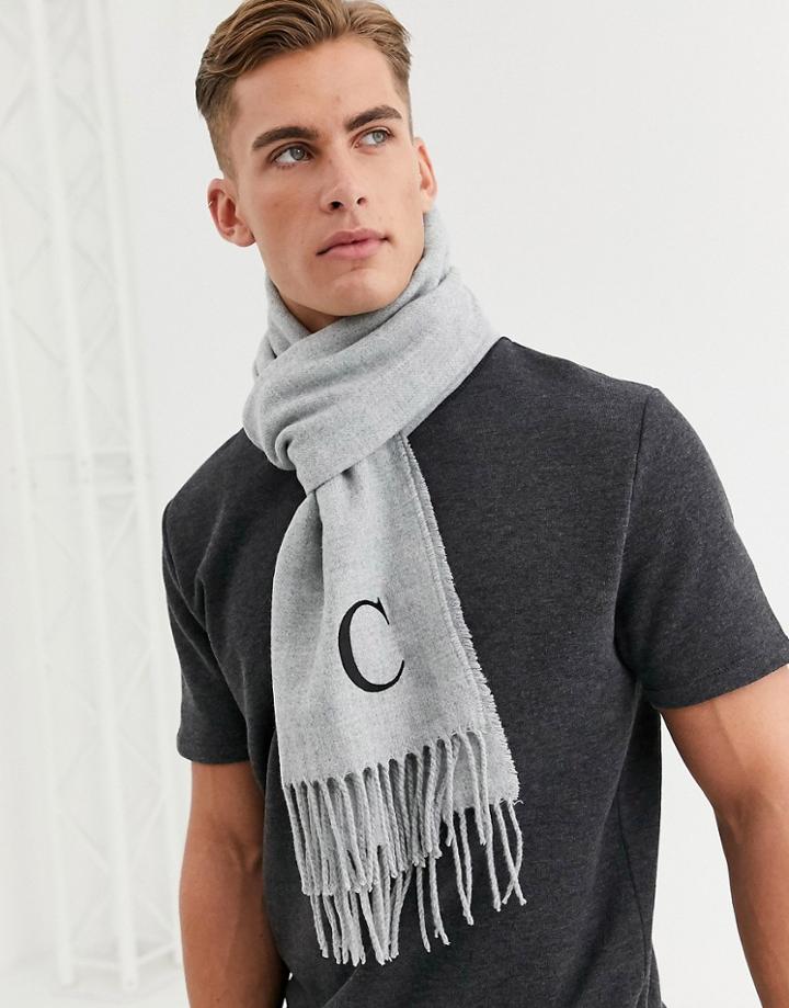 Asos Design Personalized Standard Woven Scarf In Gray With Embroidered C
