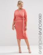 Asos Curve Midi Dress In Crepe With Knot Wrap & Cowl Back - Pink