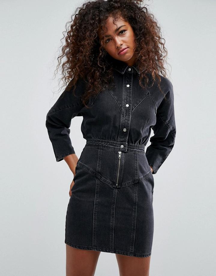 Asos Denim Shirt Dress In Washed Black - Black