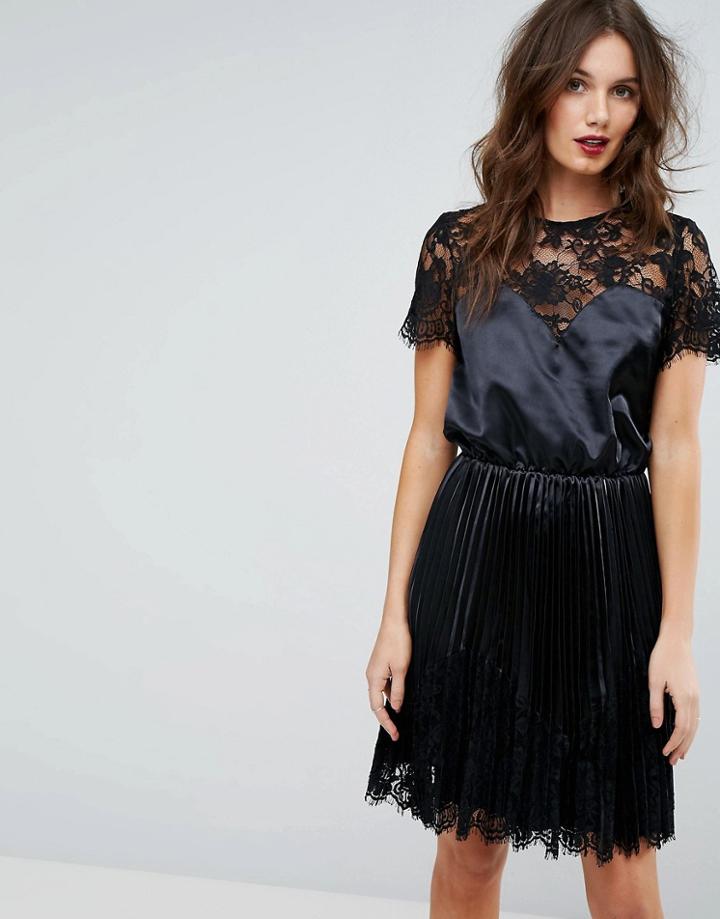 Y.a.s Satin Dress With Lace Detail - Black