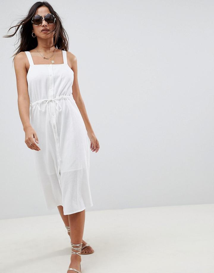 Asos Design Button Through Tie Waist Overall Casual Midi Sundress - White