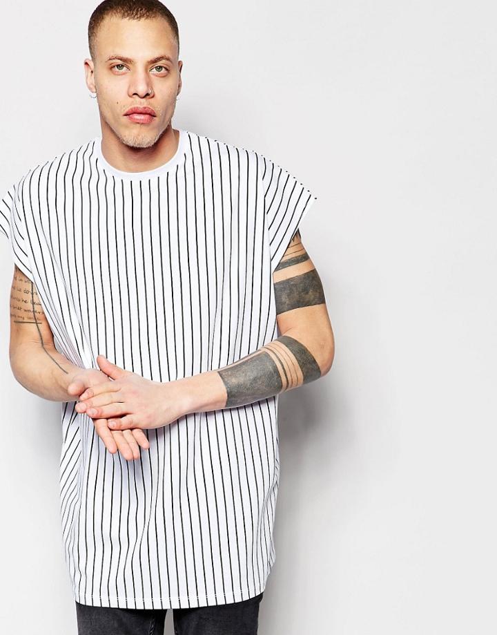 Asos Super Oversized Sleeveless T-shirt In Vertical Stripe In White - White