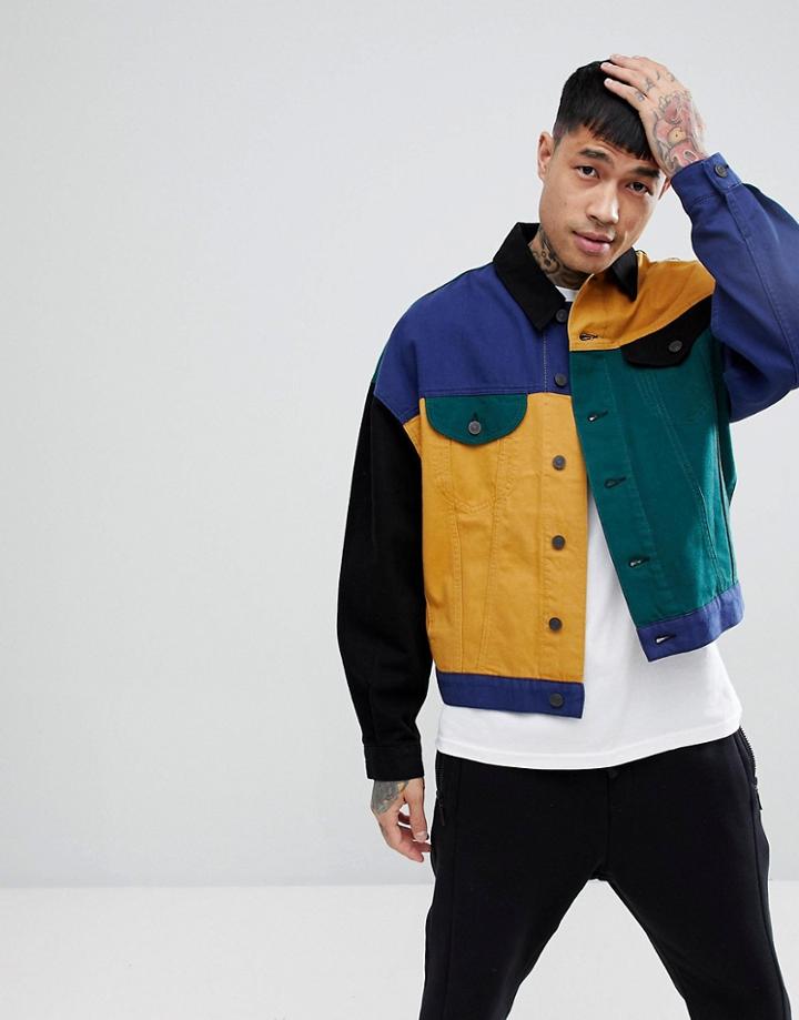 Asos Oversized Denim Jacket In Color Block - Red