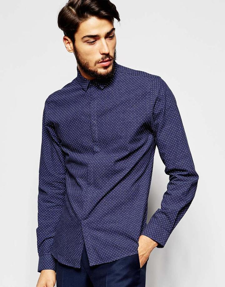 Noak Polka Dot Shirt With Micro Collar In Skinny Fit - Navy