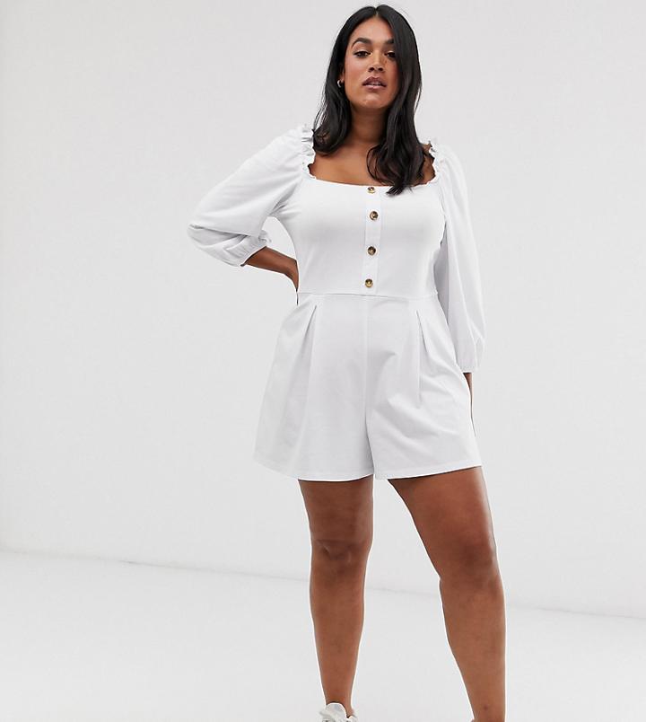 Asos Design Curve Square Neck Button Front Romper - White