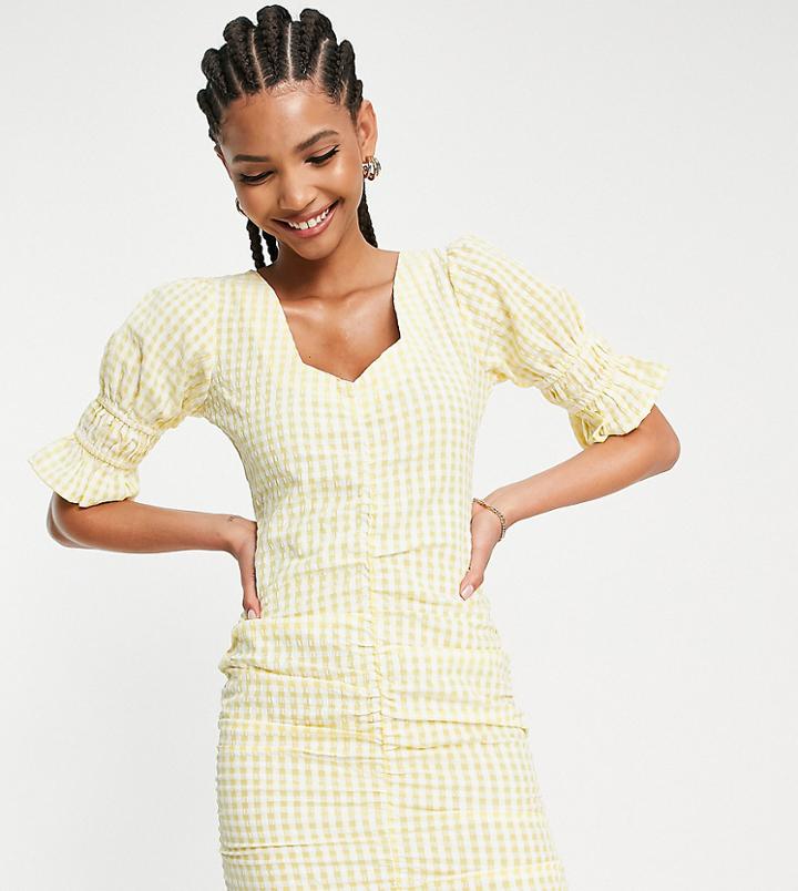 Influence Tall Frill Sleeve Gathered Front Mini Dress In Yellow Gingham