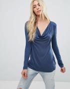 Brave Soul Karl Long Sleeve Drape Front Top - Blue