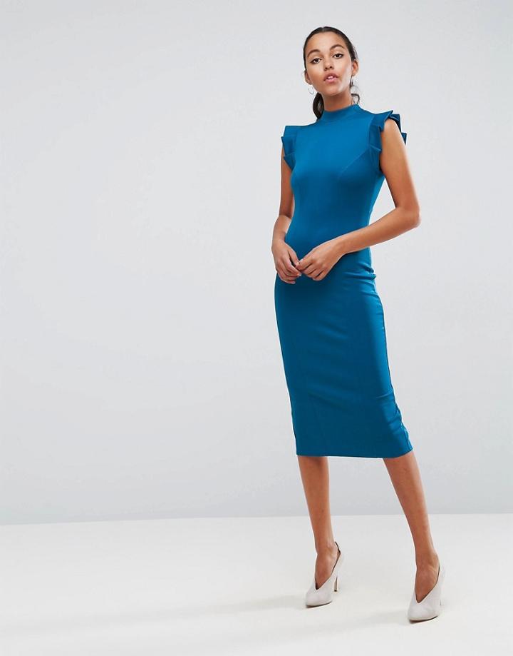 Asos Midi High Neck Pencil Dress With Cut Out Back And Shoulder Detail - Green