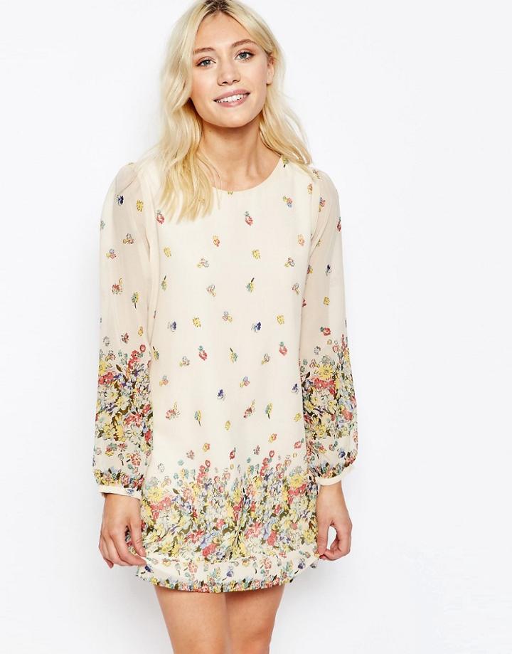 Yumi Border Print Long Sleeve Shift Dress - Cream