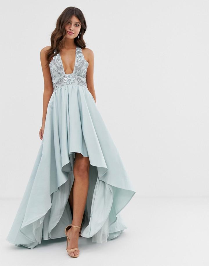 Dolly & Delicious Cross Neck Embellished High Low Maxi Dress With Train In Blue - Black
