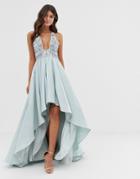 Dolly & Delicious Cross Neck Embellished High Low Maxi Dress With Train In Blue - Black