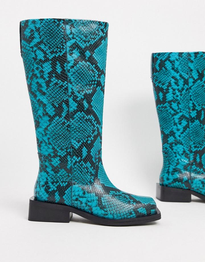 Asos Design Charly Premium Leather Trucker Knee Boots In Blue Snake