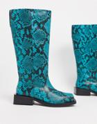 Asos Design Charly Premium Leather Trucker Knee Boots In Blue Snake