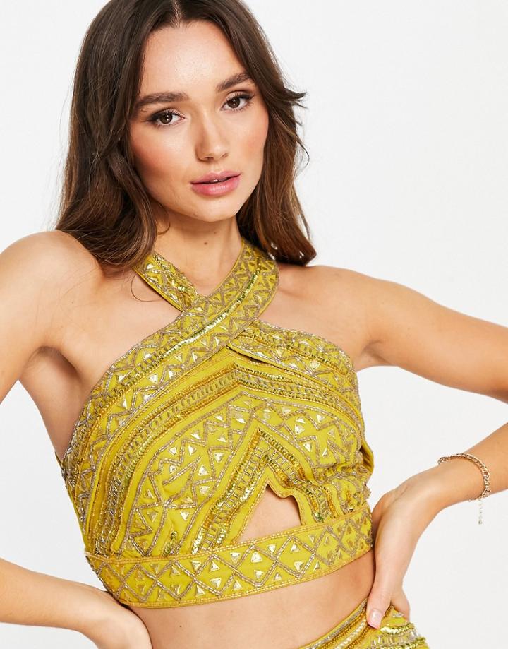 Asos Design Halter Neck Embellished Crop Top - Part Of A Set-yellow