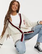 Stradivarius Oversized Varsity Cardigan With Stripe In Ecru-white