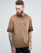 Asos Oversized Longline T-shirt In Brown Wash With Reverse Sleeves - B