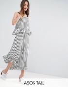 Asos Tall Maxi Dress With Ruffle Detail & Grosgrain Straps In Mono Stripe - Multi