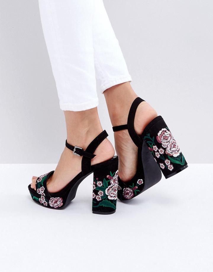 New Look Embroidered Platform Heeled Sandals - Black