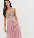 Maya Cami Strap Contrast Embellished Top Tulle Detail Midi Dress In Vintage Rose - Pink