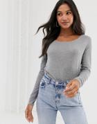 River Island Long Sleeve Basic Scoop Neck Top In Gray