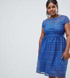 Little Mistress Plus All Over Lace Cap Sleeve Midi Skater Dress - Blue