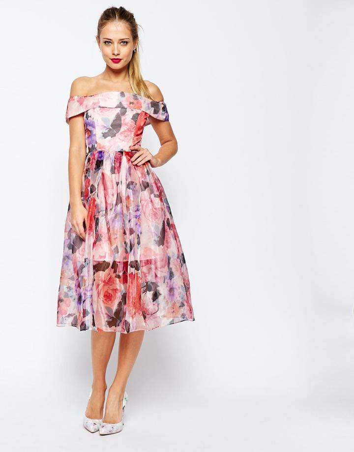 Asos Salon Floral Organza Off The Shoulder Bardot Midi Prom Dress - Pink