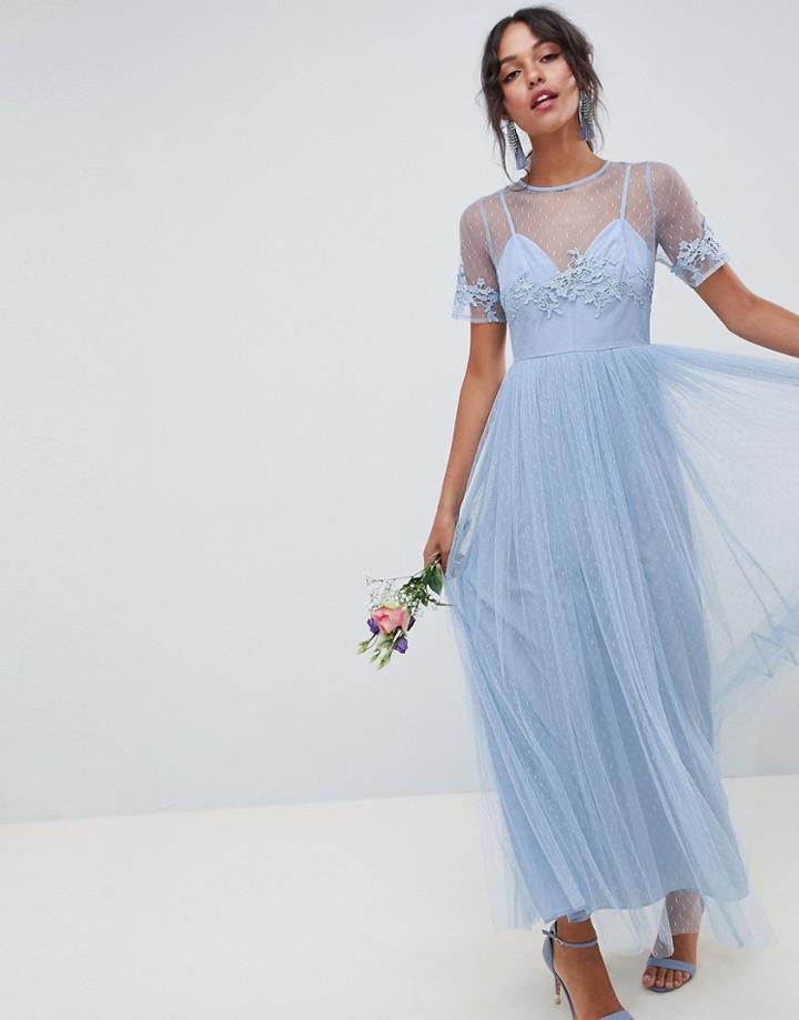 Asos Design Lace And Dobby Mesh Overlay Maxi Dress-blue