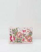 New Look Floral Embellished Zip Top Clutch Bag - Beige