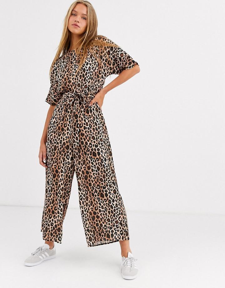 Asos Design Tie Waist Jumpsuit In Leopard Print-multi