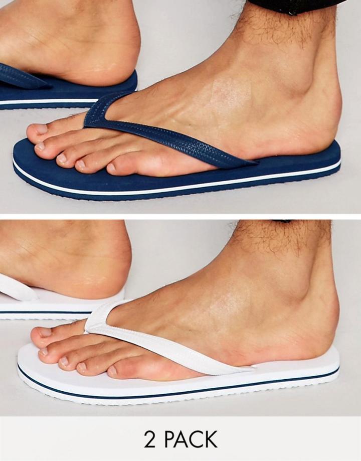 Asos Flip Flops 2 Pack In Navy And White Save 20%