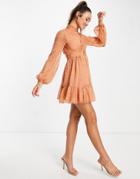 Asos Design Mini Skater Dress With Twist Front Detail In Textured Chiffon-neutral