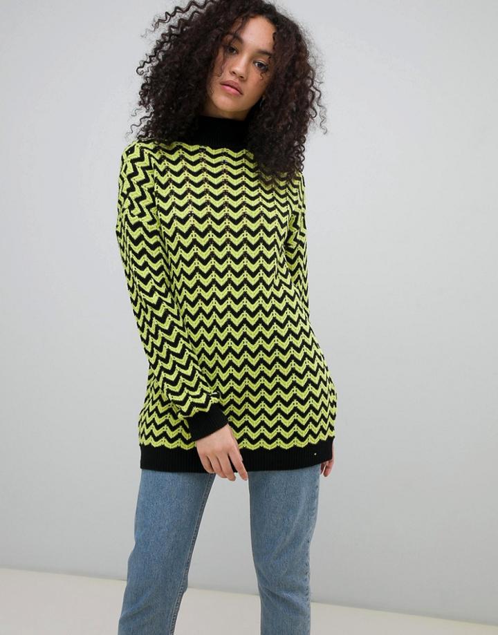 Daisy Street High Neck Sweater In Contrast Stripe - Green