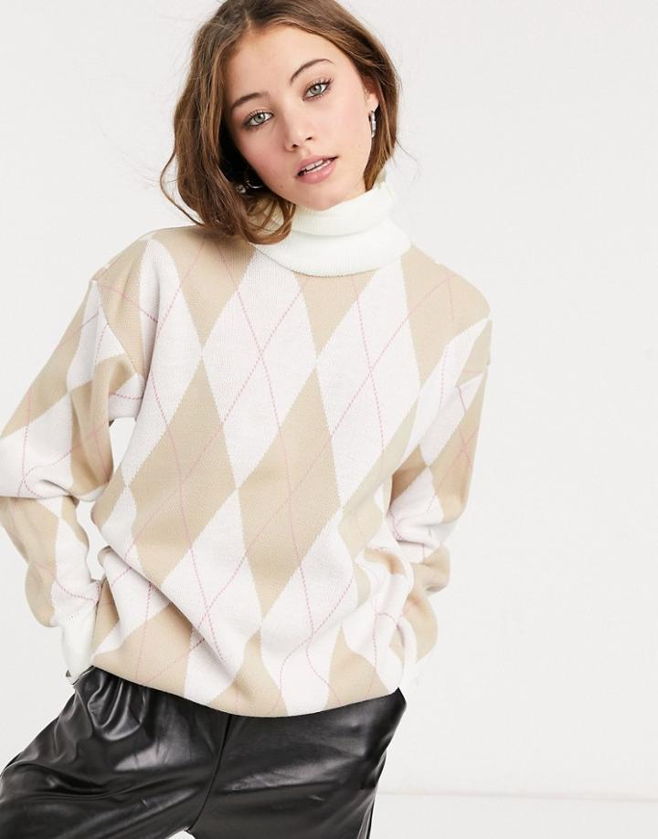 In The Style X Olivia Bowen High Neck Oversized Knitted Sweater In Cream Cross Print-multi