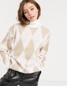 In The Style X Olivia Bowen High Neck Oversized Knitted Sweater In Cream Cross Print-multi