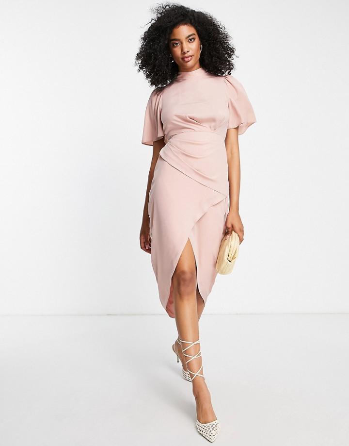 Asos Design Short Sleeve High Neck Drape Wrap Front Midi Dress In Blush-pink