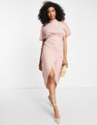 Asos Design Short Sleeve High Neck Drape Wrap Front Midi Dress In Blush-pink