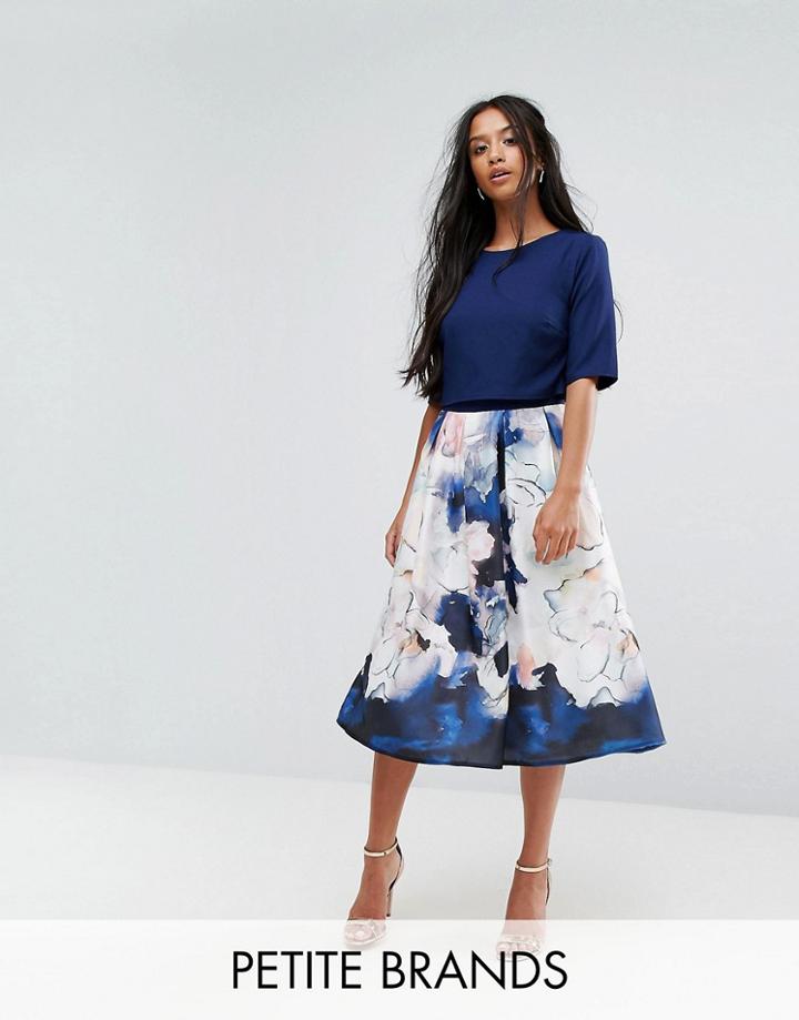 Little Mistress Petite Short Sleeve Skater Dress With Printed Skirt - Multi