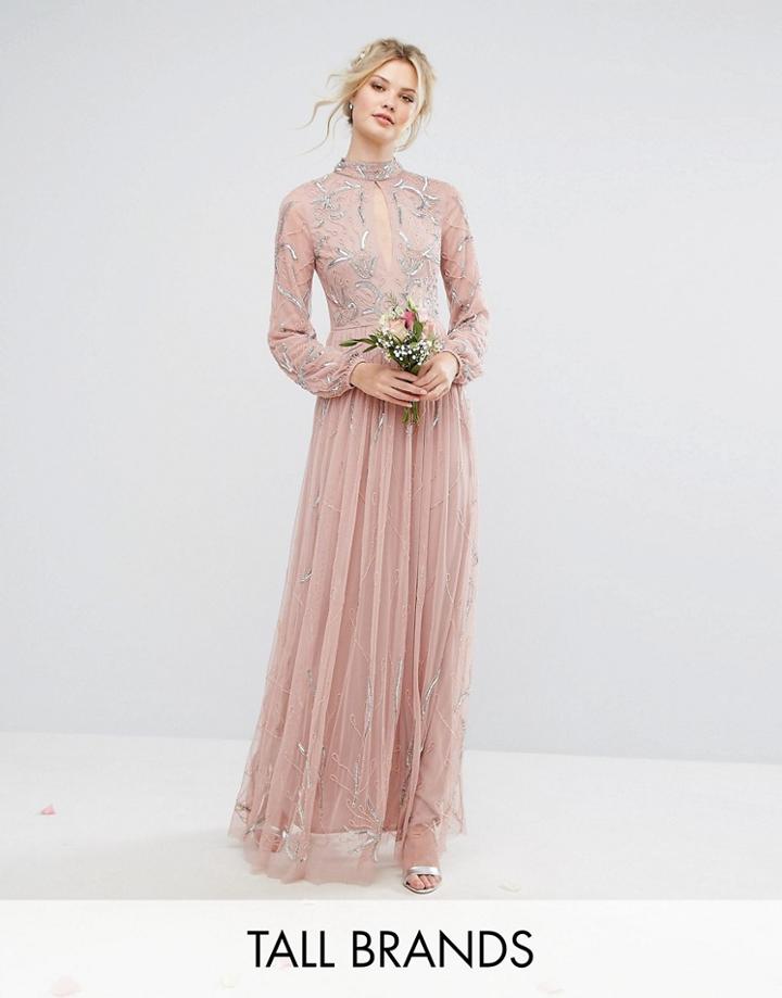 Maya Tall High Neck Keyhole Detail Embellished Maxi Dress - Pink