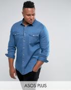 Asos Plus Slim Denim Shirt With Western Detail With Stretch In Mid Wash - Blue