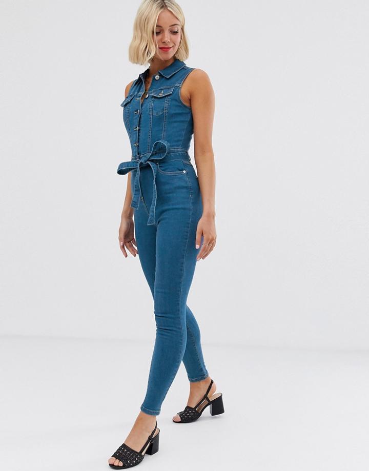 Parisian Denim Jumpsuit With Tie Belt - Blue