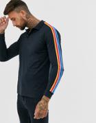 Asos Design Long Sleeve Polo Shirt With Rainbow Taping In Navy